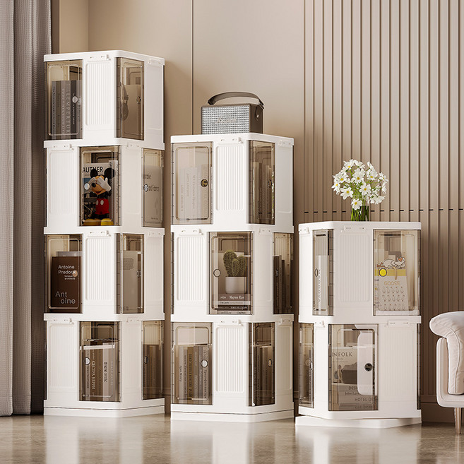 탑이지물 튼튼한 거실 회전식 책장 책꽂이 코너 수납장, 3단, 화이트