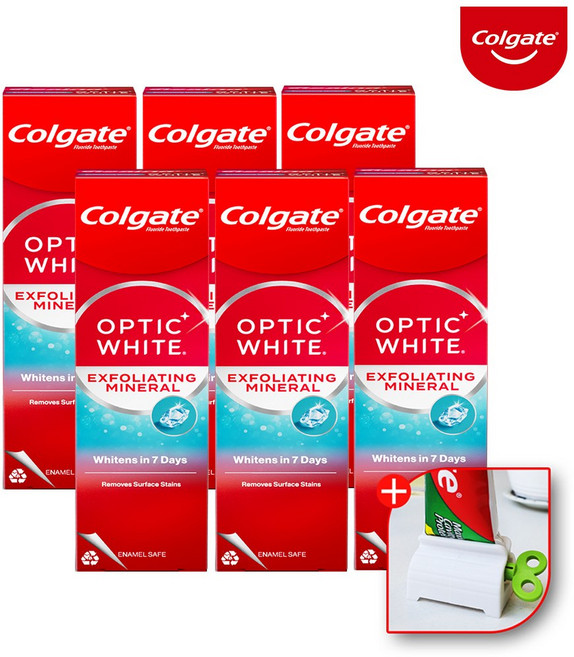 콜게이트 미백 화이트닝 고불소 옵틱화이트 엑스폴리에이팅 치약 100g+치약짜개, 6개, 100g