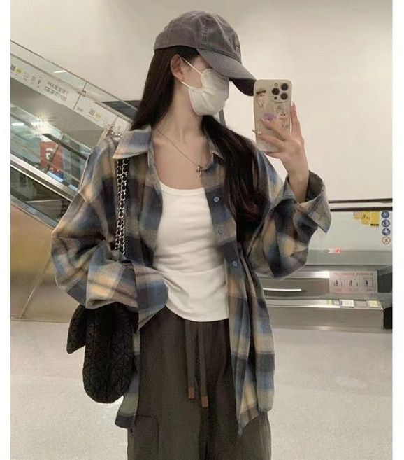 藍色格紋磨毛長袖襯衫