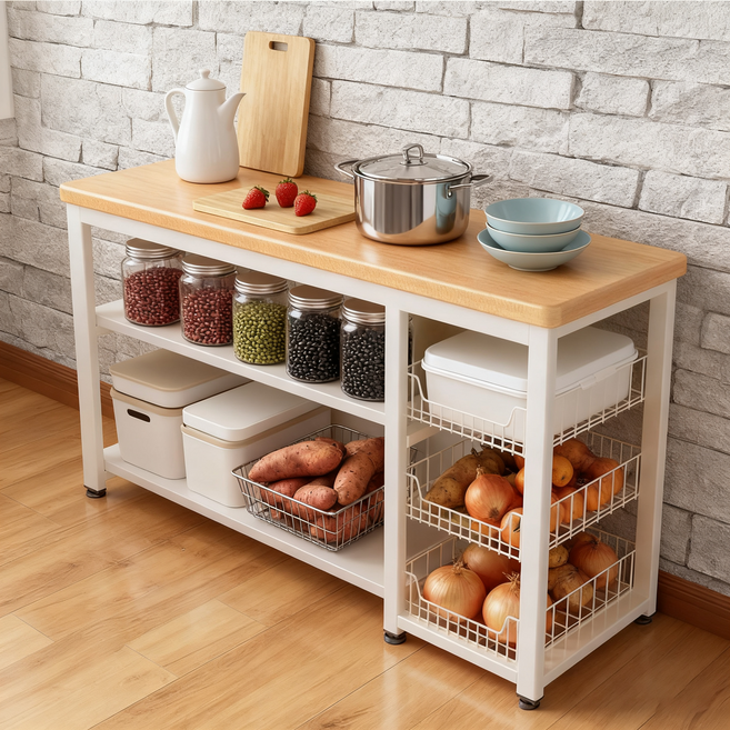 SeekFun 주방 수납장 하중200kg 3단 렌지대 업그레이드 테이블 철제 바구니 튼튼한 와이드 식탁 책상 수납 선반, White/화이트