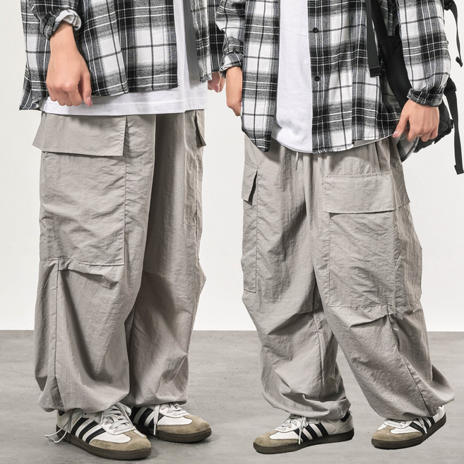 66inch 바스락 나일론 와이드 스트링 밴딩 트레이닝 카고 조거 팬츠