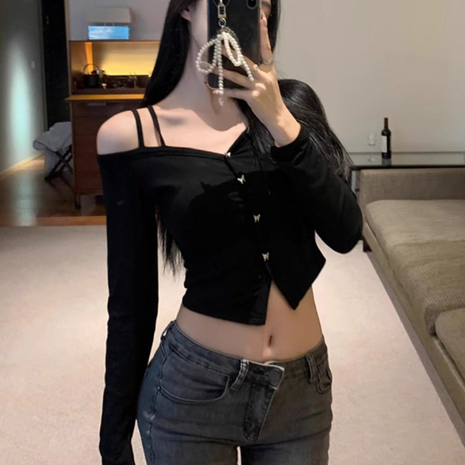 cammello 나비단추 포인트 언발란스 긴팔 티셔츠 오프숄더 여성 긴팔티