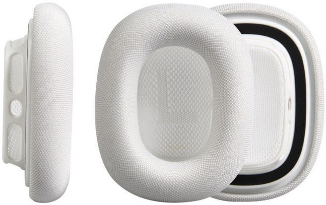 AirPods Max 호환 이어 쿠션 액체 실리콘 차음 + 메모리폼 부드러움 오리지널과 동일한 원통형 통기 원단 1박스(좌우 1개씩 / 총 2개), Silver