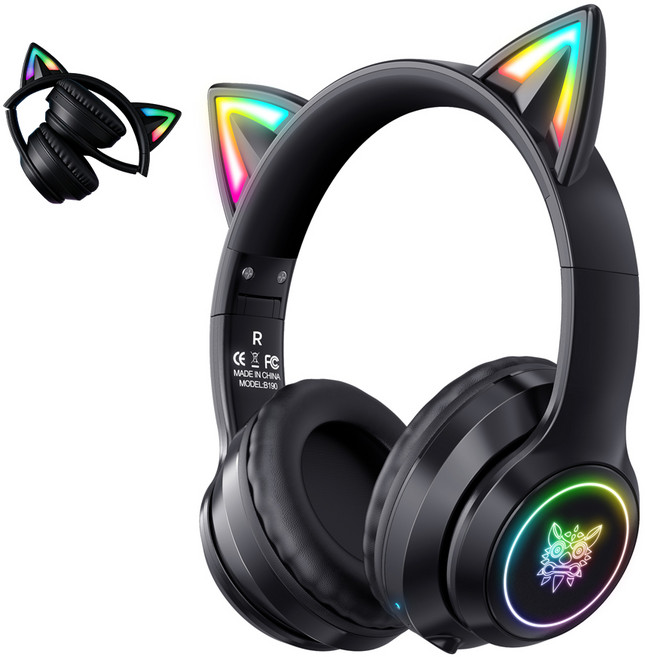 ONIKUMA B90 고양이귀 무선 게임 헤드셋 RGB 노이즈캔슬링 블루투스 5.3, 블랙