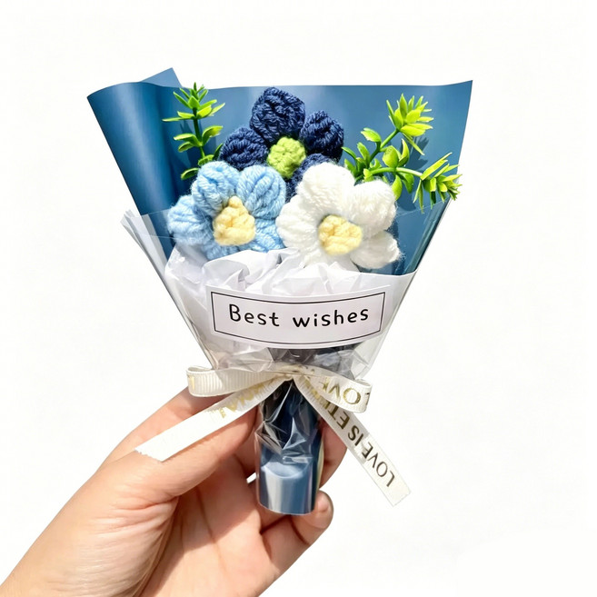 迷你編織花束，送禮擺飾, 1件, 編制花成品-藍色, 藍色