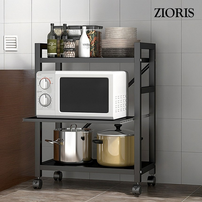 지오리스 수납완성 이동식 다용도 전자레인지 및 밥통 주방 수납장, 블랙