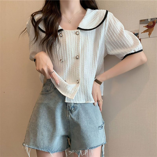 IWMAFT 여성 여름 세일러카라 반팔 블라우스 러블리 루즈핏 AH846