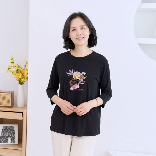 엄마옷 마미소 달꽃 라운드 티셔츠 국내생산 7부 봄가을 기본 할머니 빅사이즈 40 70 마담 중년 여성 옷