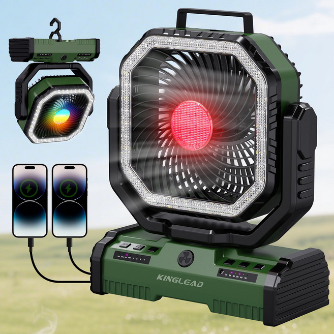 KINGLEAD 킹리드 초대용량 배터리 무선 선풍기 야외 캠핑 낚시 팬 긴급상황 비상등 SOS용 탁상용 휴대용 초대풍량, 녹색