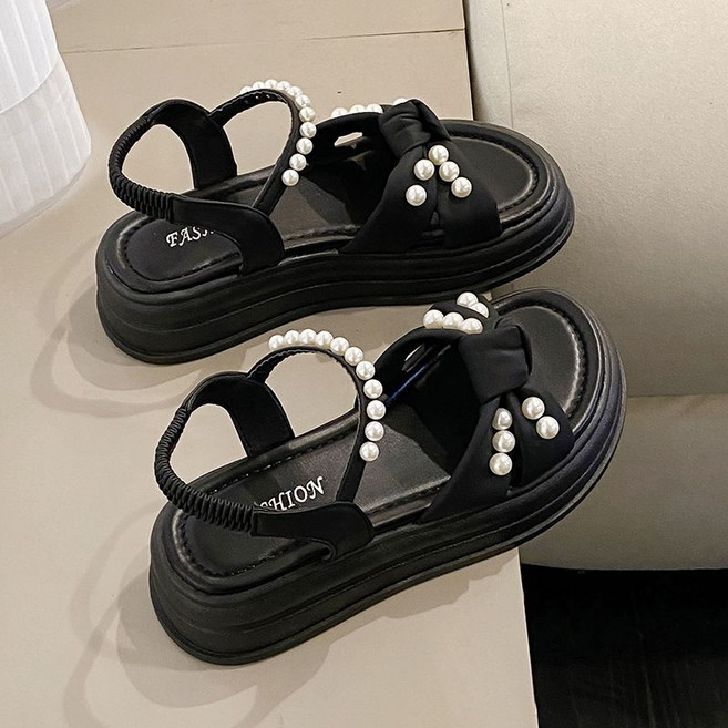 法式仙女風厚底涼鞋女夏百搭羅馬鞋, 25 cm, 黑色