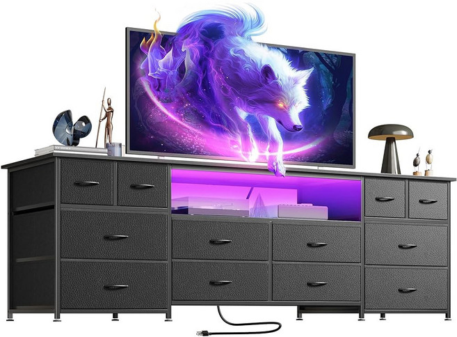 LED 조명 전원 콘센트 및 USB C 포트가 있는 Huuger 63인치 서랍 TV 스탠드 침실용 12개 패브릭 서랍장 65인치 70인치 TV용 와이드 엔터테인먼트 센터, 63 inch, White