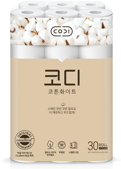 코디 코튼화이트 3겹 롤화장지 30m, 30개입, 6개