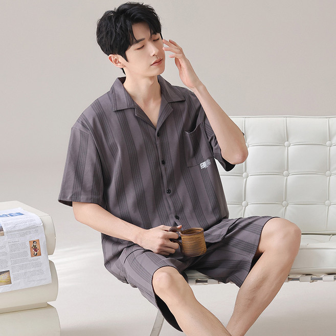 남성용 여름 모달 잠옷 세트 반팔+반바지 홈웨어 실내복