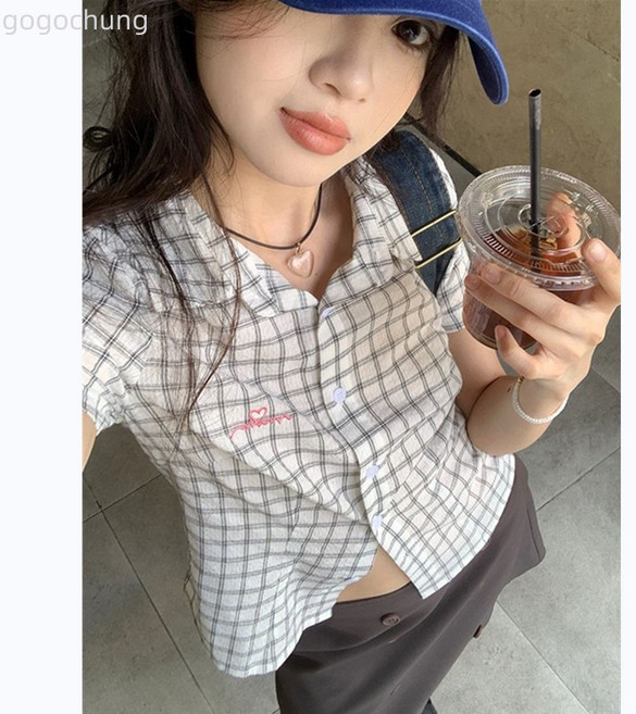 學院風格紋短袖襯衫女 韓系復古短款上衣