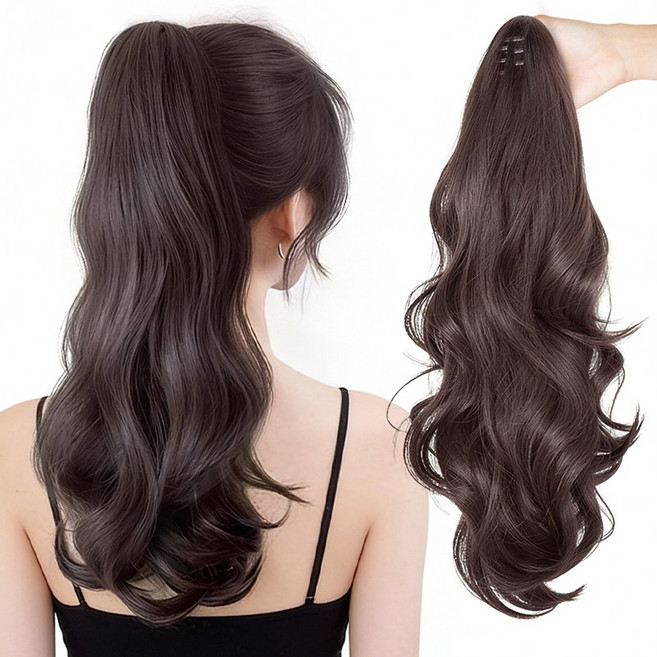 홈컴 가발 여성 패션 웨이브 집게 포니테일 부분가발, 1개, 초코브라운
