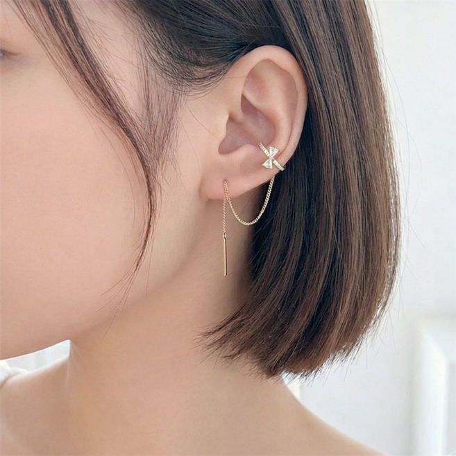 백송 리본 큐빅 포인트 링 체인 이어커프 귀걸이 은침 레이어드 드롭 데일리 여성 패션