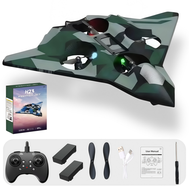 입문용 어린이 선물용 RC 전투기 드론 20분 비행 지속 미니드론 무선조종 고성능 LED 비행기 장난감, 밀리터리 카키, 1개