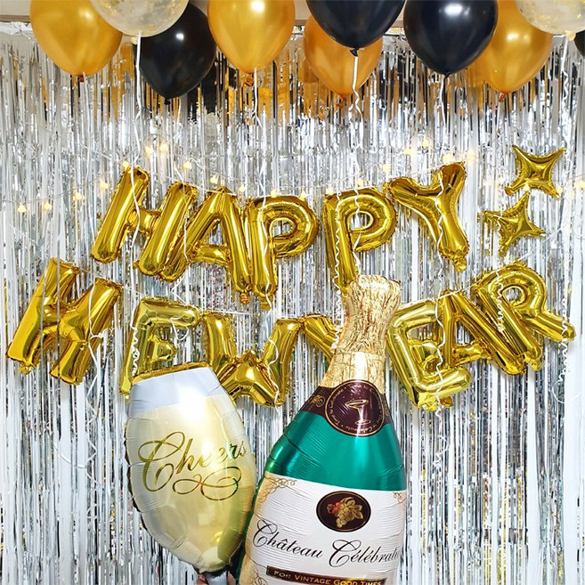파티온 신년 연말 새해 파티 해피뉴이어 HAPPY NEW YEAR 풍선세트, 이니셜(로즈골드)+은박커튼(로즈골드)+반짝이(실버)