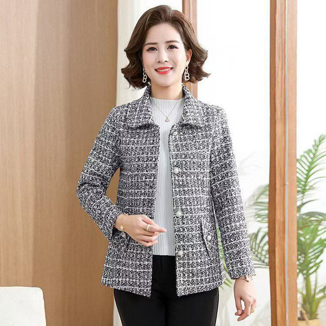 봄 가을 중년 여성 긴팔 트위드 자켓 캐주얼 엄마 카디건 코트 루즈핏 기질 체크 소향풍 터틀넥 자켓 CY
