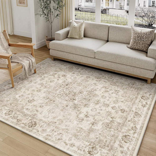 WondRg 6x9 Washable Neutral Area Rug Beige Vintage Living Room Bedroom Carpet Non-Slip Medium Pile, 초록색