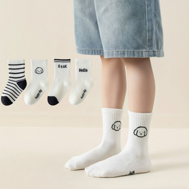 해피삭스 아동용 어린이 헬로퍼피 중목 양말 4켤레 세트