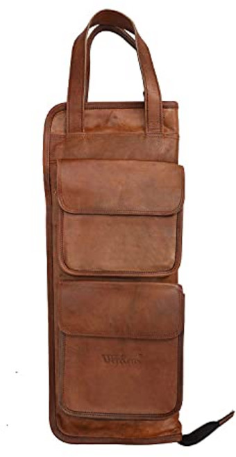 WerKens 가죽 드럼 스틱 백 플로어 톰 후크 10-12 쌍 수납 드럼 스틱 말렛 브러쉬 타악기 드럼 스틱 백 탈착식 어깨끈 간편한 운반 핸들(브라운) – DSB003, 1개