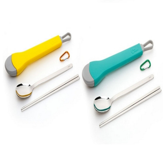 네파 휴대용 실리콘 수저 세트+ 케이스 + 카라비너 세트, 그린1+옐로우1, 숟가락+젓가락+실리콘 케이스+카라비너, 2개