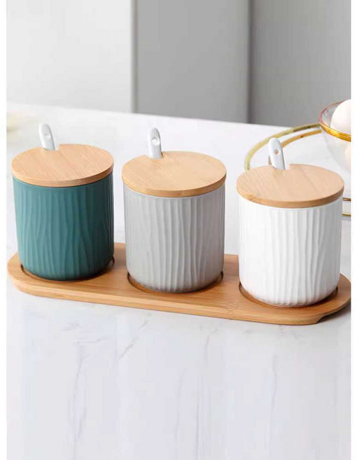 북유럽 원형 세라믹 양념통 사각우드받침 도자기 양념통 조미료통 선반 세트, 20. 세트-흰/녹+오일병(받침대3), 1개