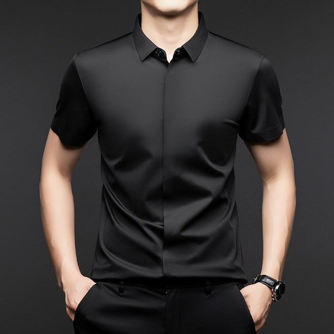AOKADA 남성 실크 반팔 셔츠 스판 슬림 남자 와이셔츠 베이직 비즈니스 오피스록 남자 반팔티