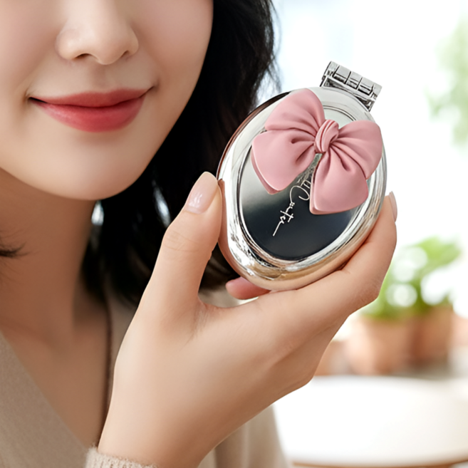 휴대용 접이식 일체형 실버 미니 헤어 브러쉬 거울, 1개, 핑크 리본
