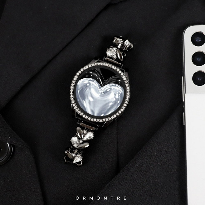 오르몽트 갤럭시워치 스트랩 러브 큐빅 브레이슬릿 메탈 시계줄 갤럭시워치7 6 5 4 3 액티브2 호환 이지핏, (스트랩+커버 세트), 블랙, 1개