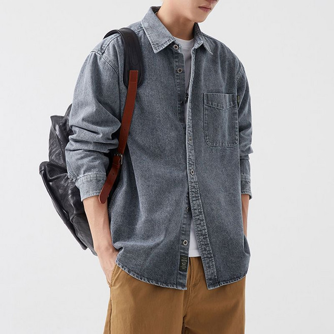 녕동 남성 데님 셔츠 자켓 캐주얼 워싱 봄가을 카라넥 원포켓 루즈핏 셔츠