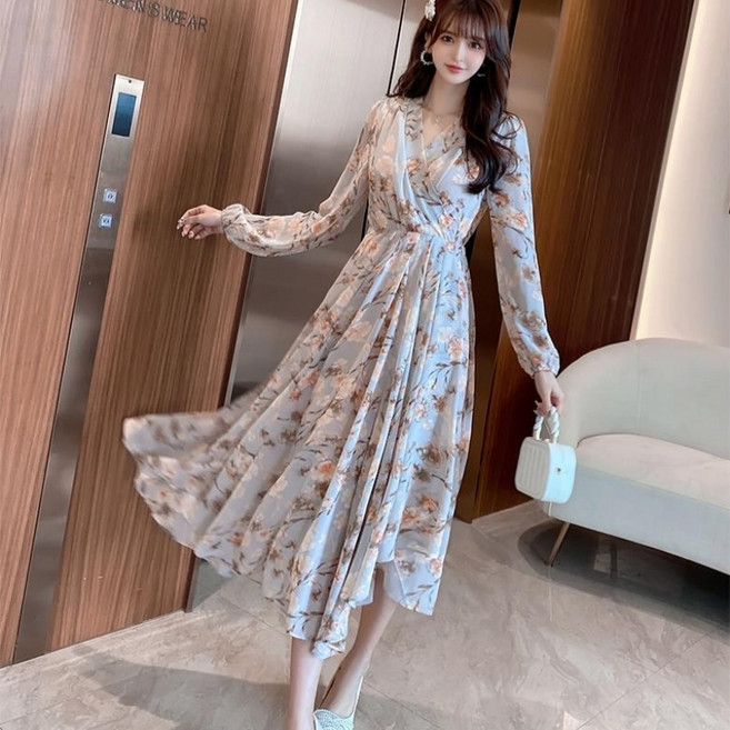 VIISHOW 여성용 긴팔 플리츠디자인 쉬폰 플라워 롱원피스