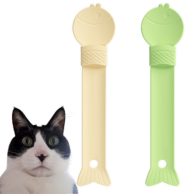 달달멍멍 고양이 물고기 츄르 와이드 스푼 2종 세트 스틱 간식 짜개 흘림방지, 1세트, 그린+베이지