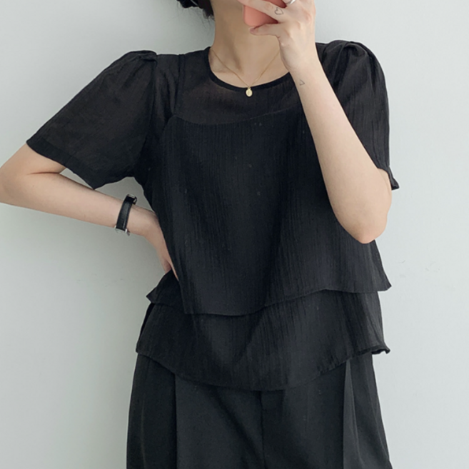 벨로아 쉬폰 블라우스 반팔 뷔스티에 세트