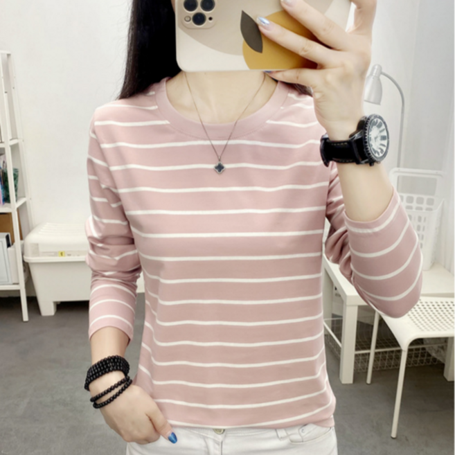 MS HOME 여성 라운드넥 면 티셔츠 스트라이프 긴팔