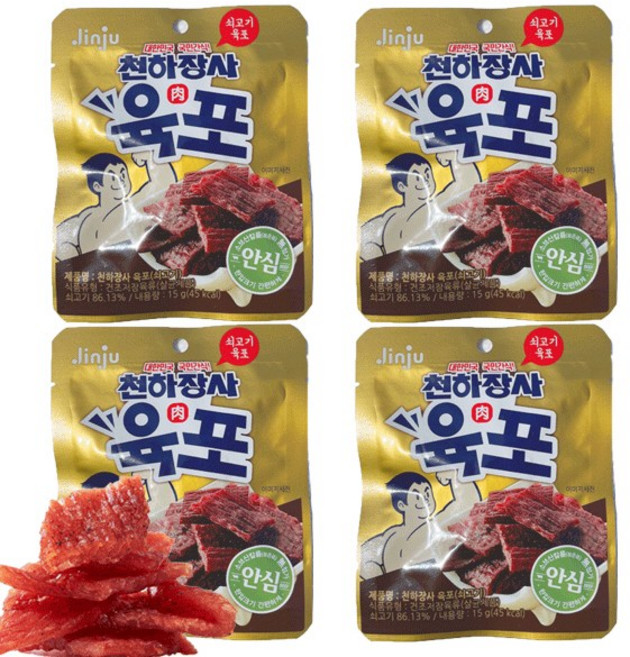 [다만세푸드] 진주햄 천하장사 쇠고기 육포 15g 간식 안주, 4개