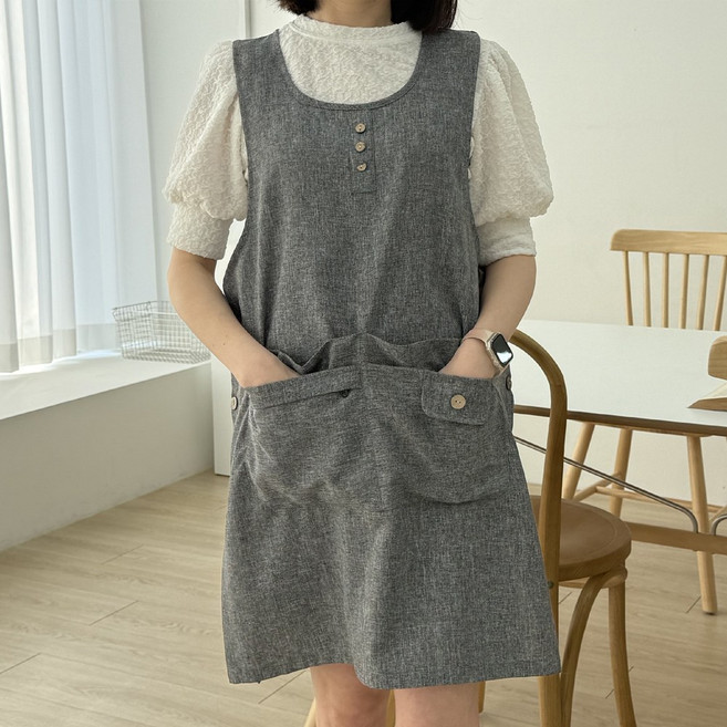 데코나인 모던앞치마 여름 예쁜 유치원 어린이집 원피스 선생님 단추 단체 무지 요양보호사 노인복지, 1개, 모던-그레이