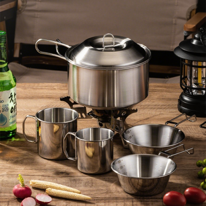 LUMANOKI 필요한것만 챙기는 1-2인용 스텐 냄비1P 시에라컵2P 캠핑컵 2P 캠핑 5P세트 코펠세트 보관파우치세트, 5개, 5종 세트 캠핑 식기 세트