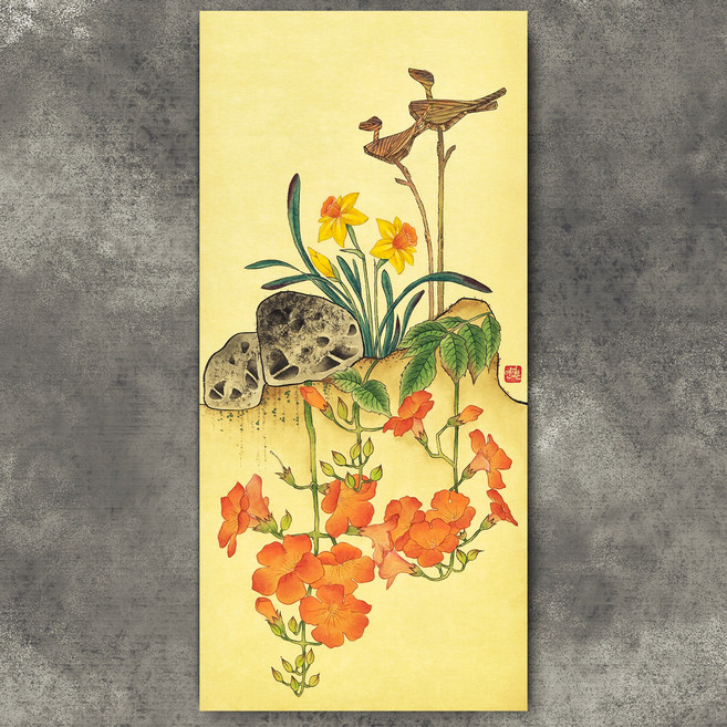 복이 오고 금전운 상승하는 그림 [솟대바위 능소화] 동양화 민화 인테리어 캔버스 액자, C 원목 액자, 1호- (23.4 x 50 cm)