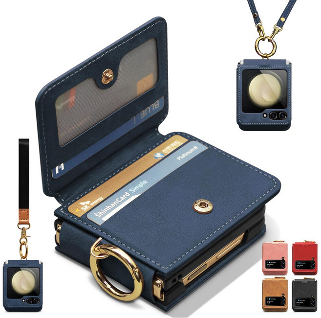 Z플립 7 6 5 4 3 손목 어깨 스트랩 핑거 링 카드3장 수납 힌지보호 지갑형 갤럭시 제트 플립 카드 수납 PU 가죽 폰케이스 휴대폰 정품 삼성 핸드폰 케이스 제이콥스타일