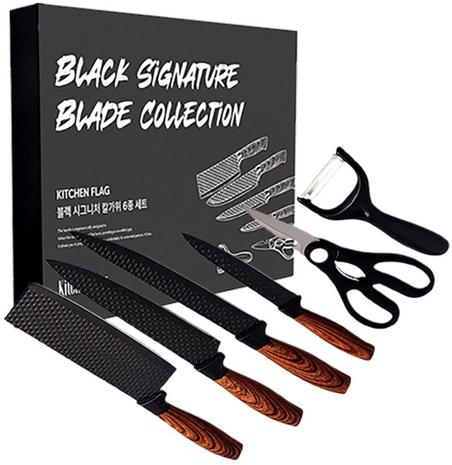 [키친플래그] 블랙 시그니처 칼가위 6종 세트, 중식도+식도2p+과도+가위+감자칼, 1세트