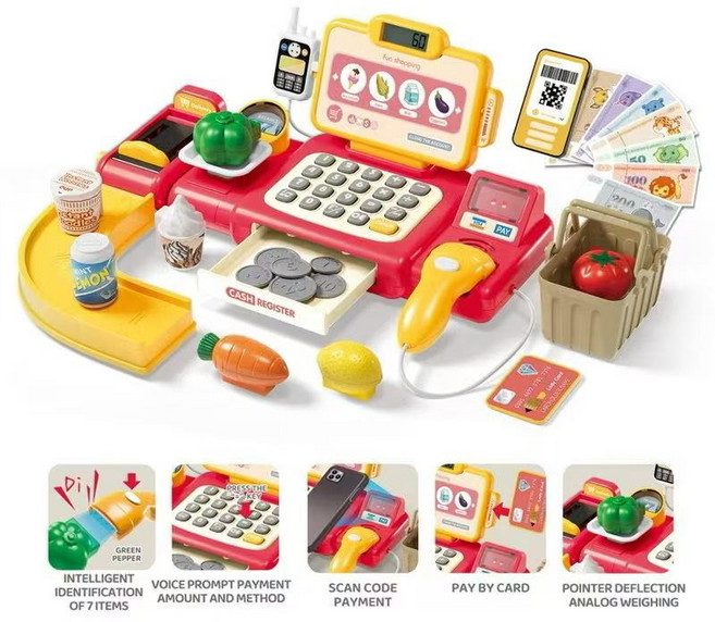 icolor 兒童角色扮演收銀機玩具 智能語音提示 模擬購物體驗, 紅色, 1個