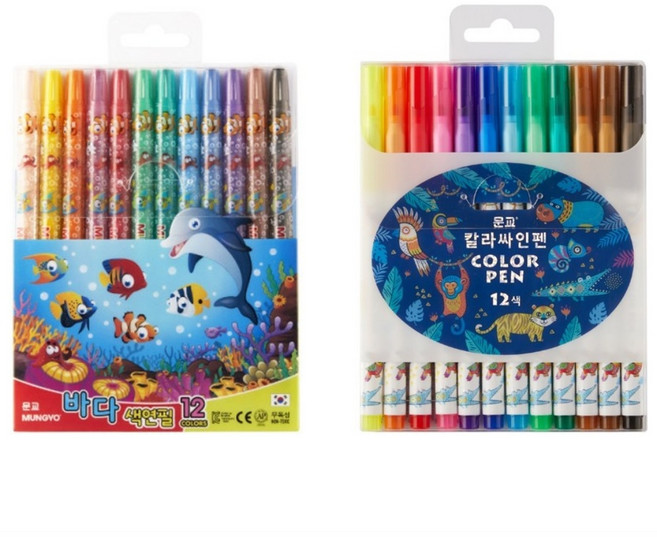 문교 칼라사인펜 12색+바다색연필 12색 색칠도구 묶음세트, 1세트