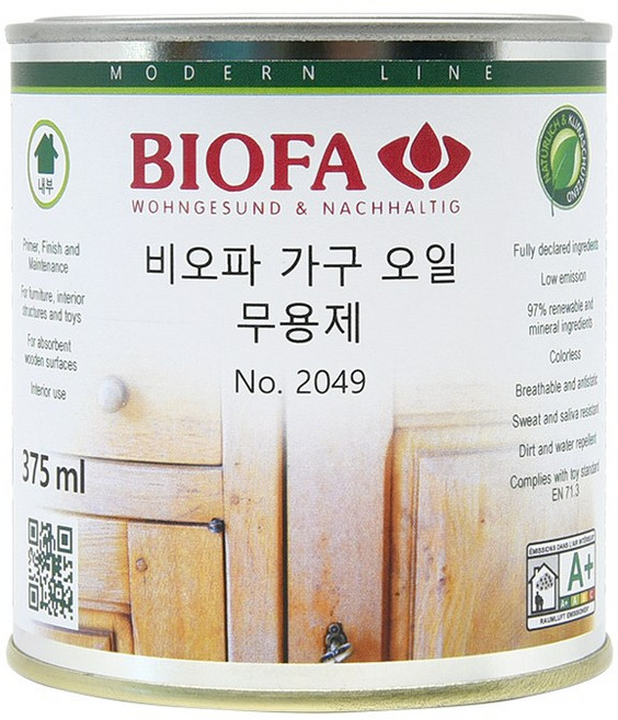 비오파 가구 마감오일 2049 무용제 (375ml) 원목가구 관리 목재 마감, 투명, 375ml, 1개
