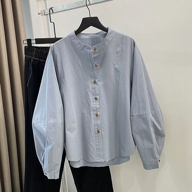 QEWBG 여성 가을 빅사이즈 차이나넥 슬림핏 셔츠