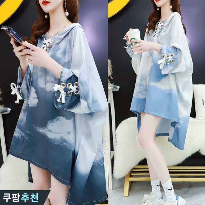 100kg까지 빅사이즈 여성 하프 프린팅 루즈핏 후드티 맨투맨티 봄 여름 편한 캐릭터 인스 가오리 박스 비대칭 스트링 패션 오버핏 88 날씬해보이는 나른한 디자인 캐릭터 긴팔티