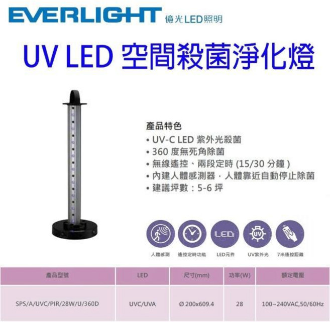 EVERLIGHT UV LED 空間殺菌淨化燈 28W 無線遙控 人體感應