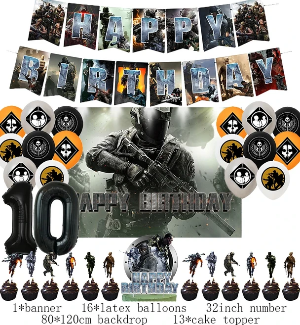 콜 오브 듀티 생일 파티 장식 세트 케이크 토퍼 라텍스 풍선 배너 공주 소녀 파티 용품 장식, 01 기타, 01 빠른, 03 1set D10