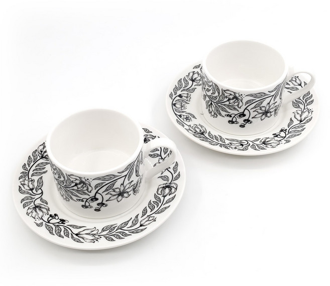 NyHavn 션사인 가든 세라믹 커피잔 2개 + 받침대, 블랙 화이트, 1개